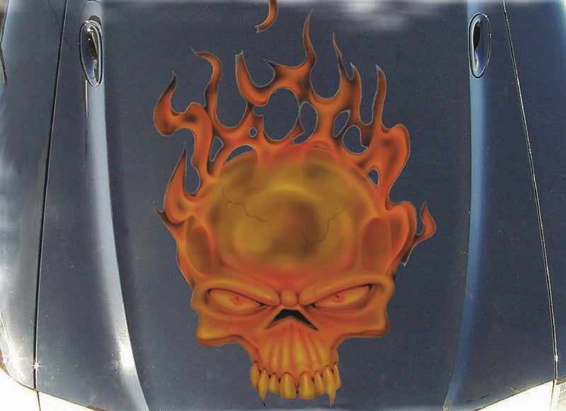 skull in flames vinyl decal on car hood